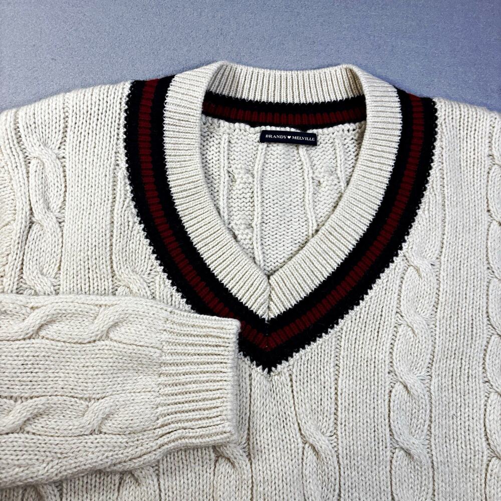 Brandy Melville Ivory Cable Knit V-Neck Wool Sweater Red Navy Striped Trim